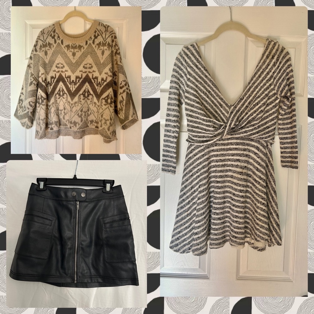 Striped Knit Dress and Patterned Sweater with Black Skirt